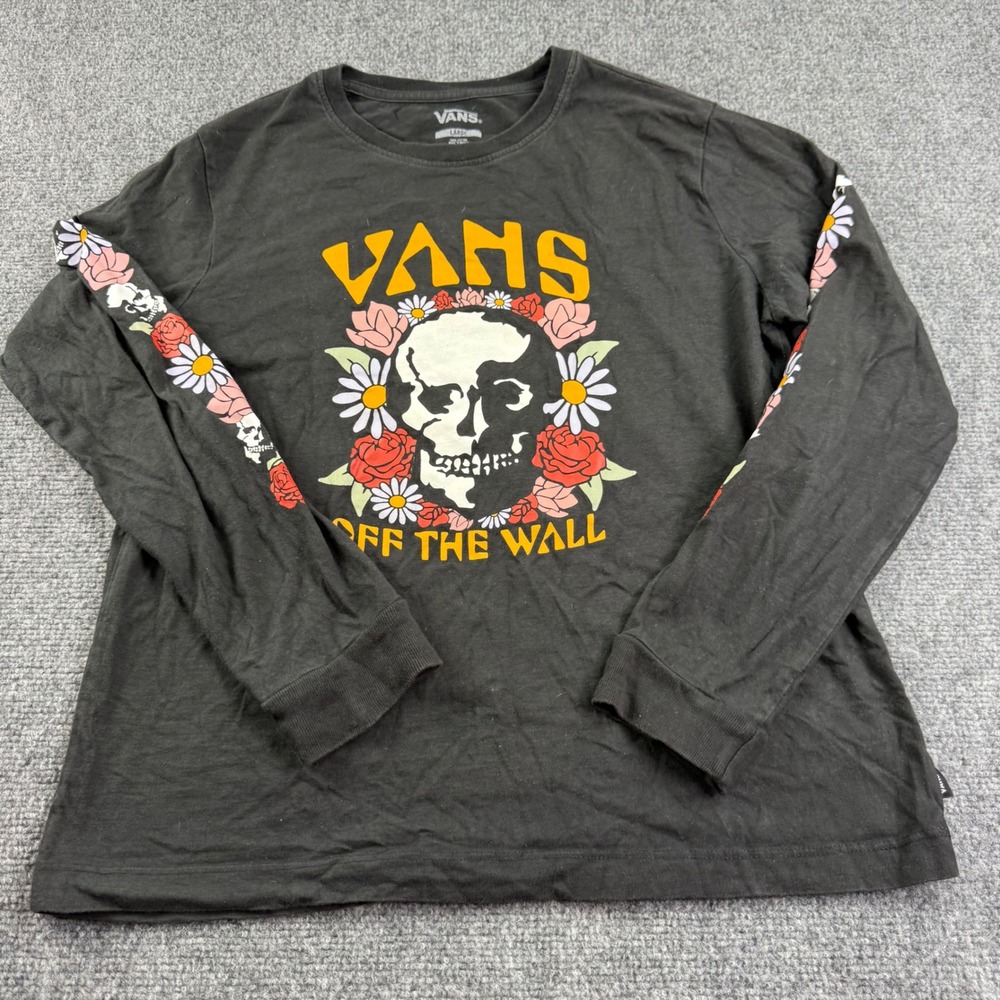 Vans Graphic Tee Large Black Skull Floral Off The Wall Long Sleeve Mens